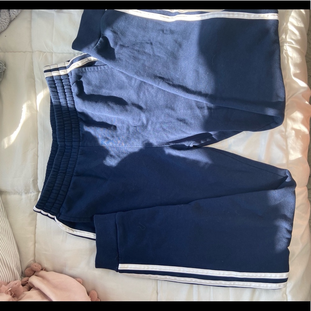 Boys navy blue and white striped adidas sweats